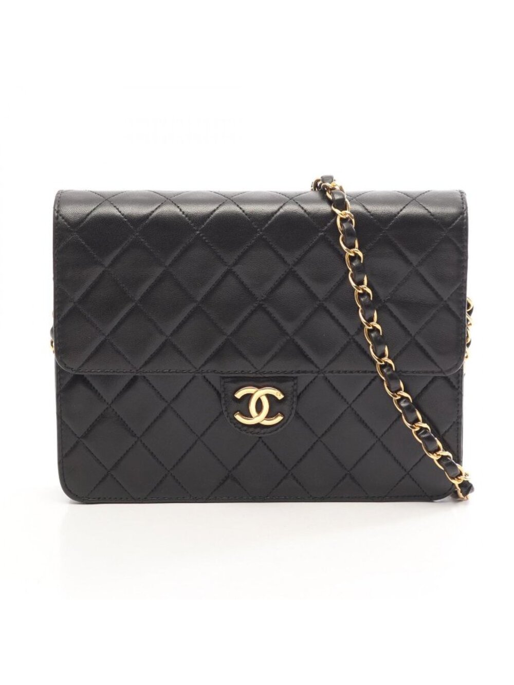 Chanel Shoulder Bag Quilted Single Flap Push Lock Black Lambskin Chain